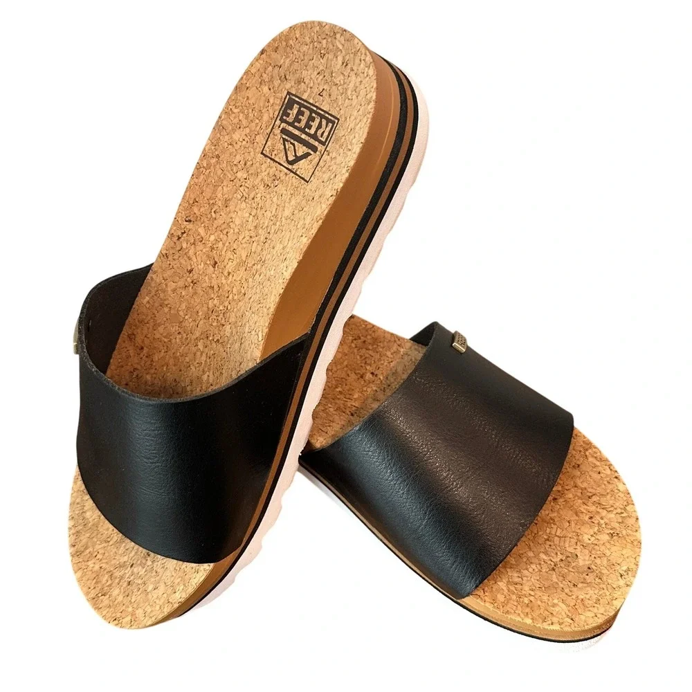 Reef Cushion‎ Scout Hi Black Platform Slide Sandals with Cork Footbed Women's 7